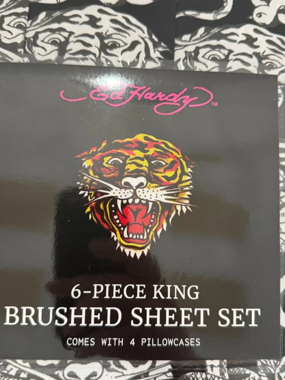 Ed Hardy King Sheet Set 6 Piece Double Brushed Black White Skull Tiger Tattoo